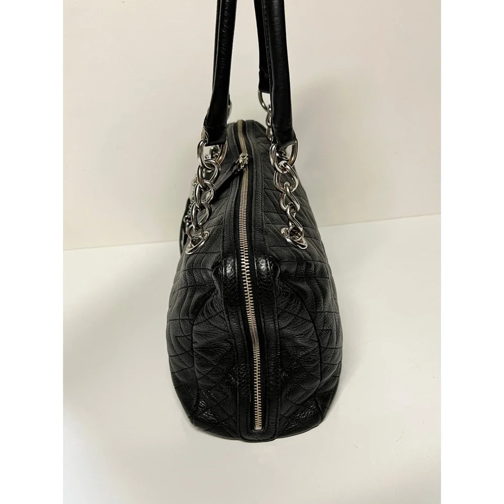 Calvin Klein Black Quilted Leather Satchel Bag Silver Chain Tassel Charm Handbag